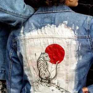 Artistic Denim Jacket with Tiger and Red Sun